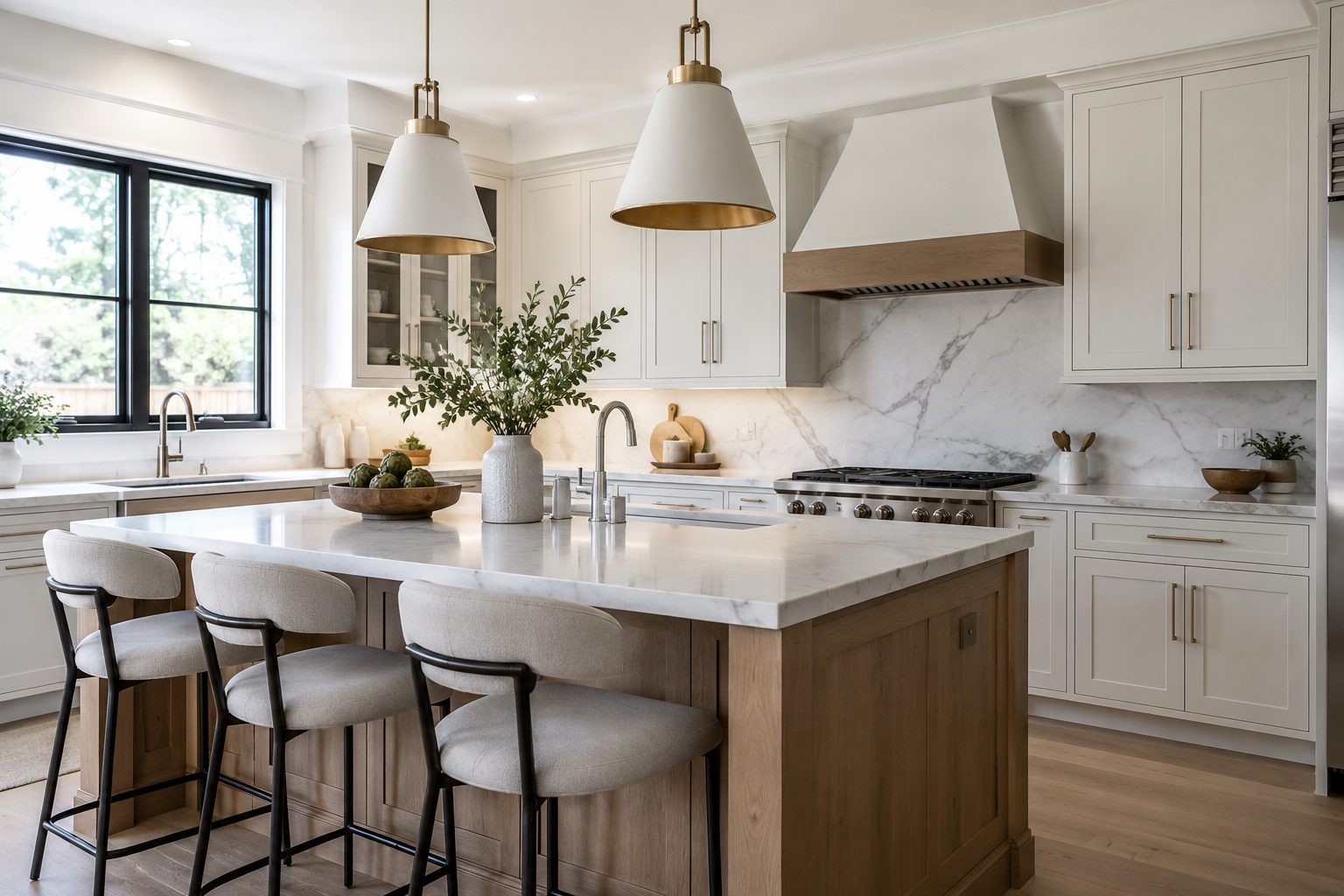 White shaker kitchen with marble splashback